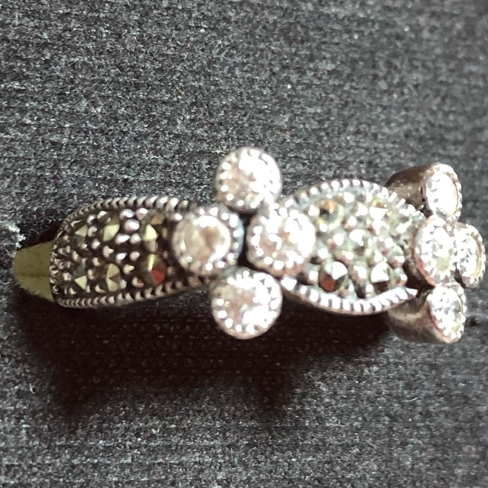 Vintage JJ Sterling Silver, CZ & Marcasite ring; ~size 5; designer Judith Jack